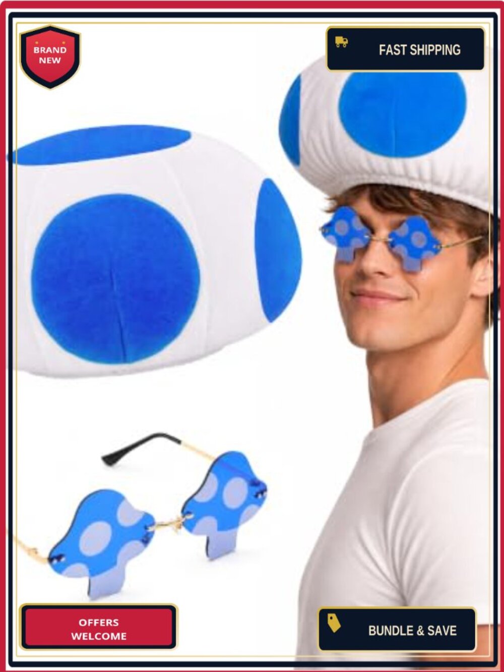 Plush Mushroom Costume Hat with Sunglasses Gold Tone Metal Frame